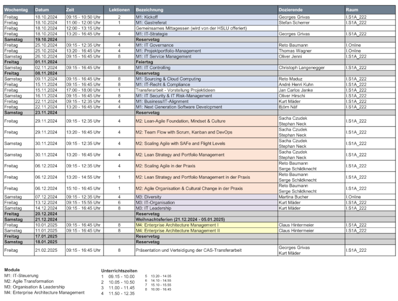 Stundenplan - CAS IT-Management & Agile Transformation